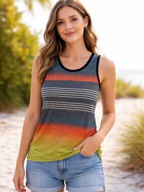 Distortion Tank Horizontal Stripes Orange Blue Yellow Gradient Pattern Women's L